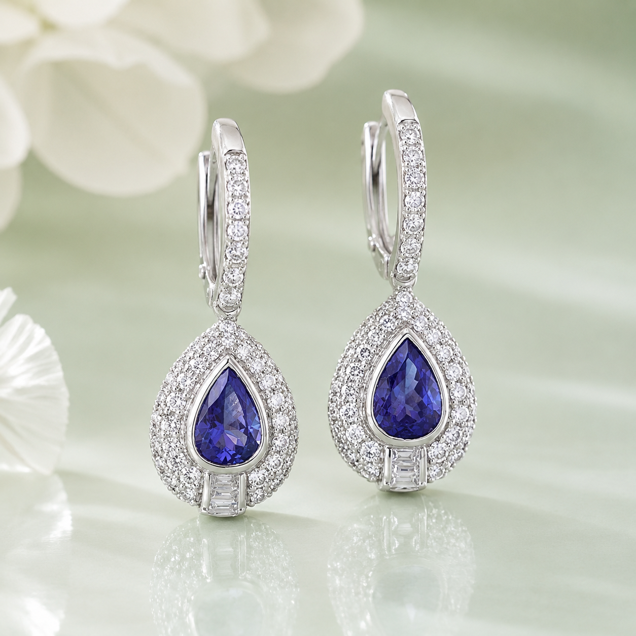 Tanzanite and Diamond Halo Tear Drop Earrings
