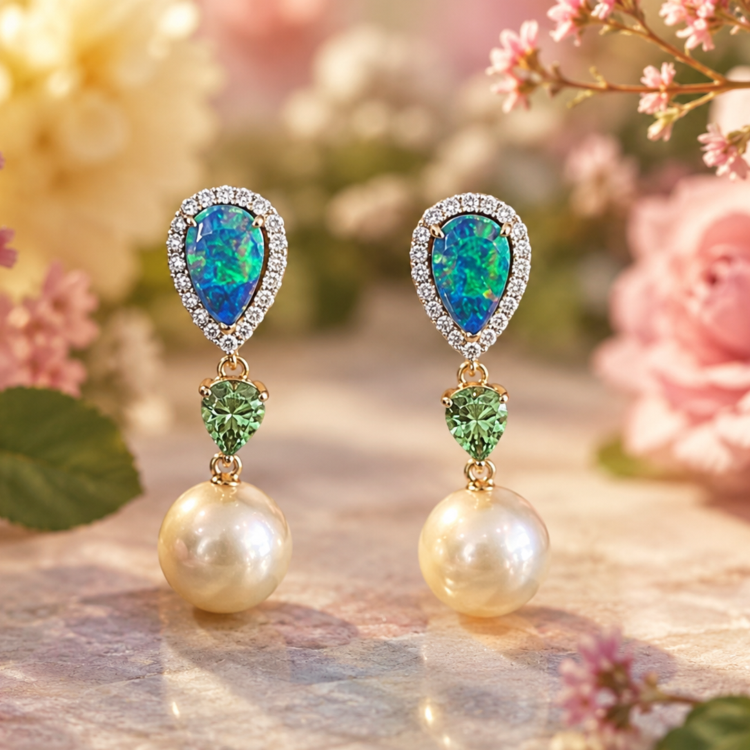 18K Yellow Gold Opal Pearl Garnet and Diamond Drop Earrings