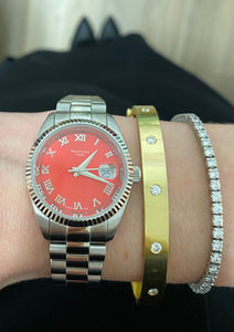 Red Dial Silver Bracelet Watch