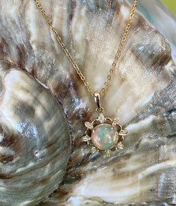 Diamond Accented Opal Sun Pendant Necklace
