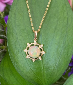 Diamond Accented Opal Sun Pendant Necklace