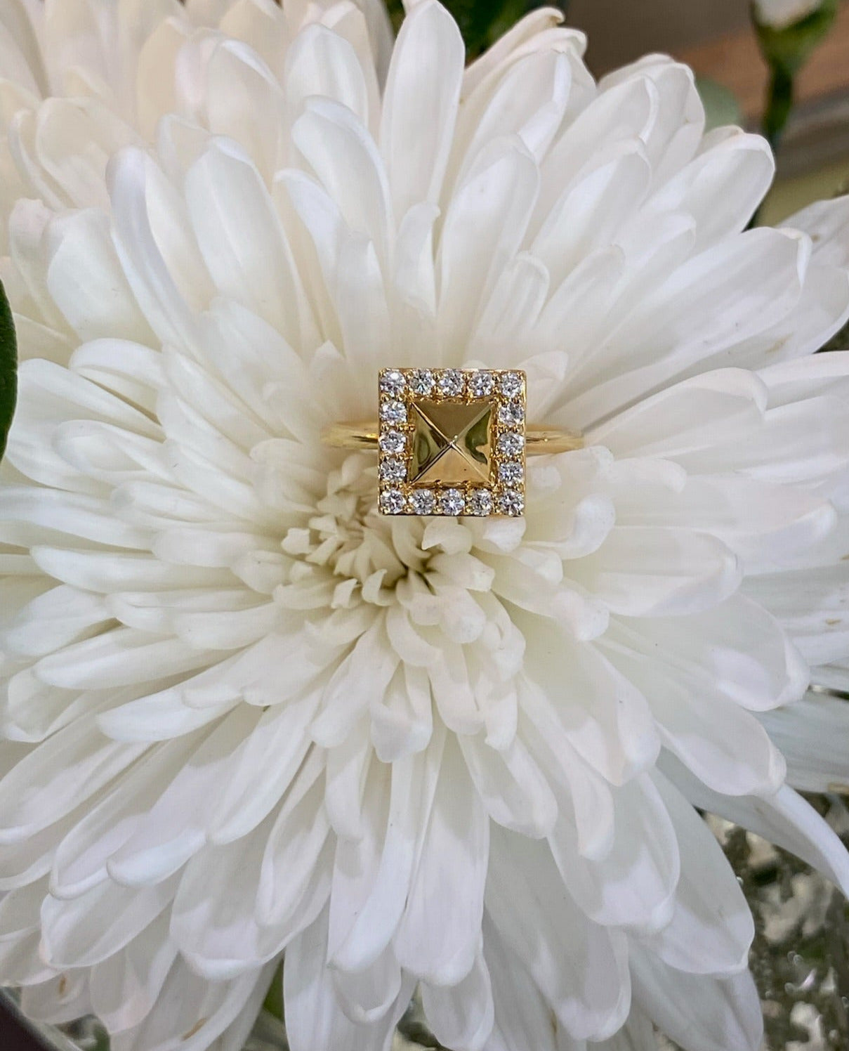 18K Yellow Gold Diamond Halo Pyramid Ring