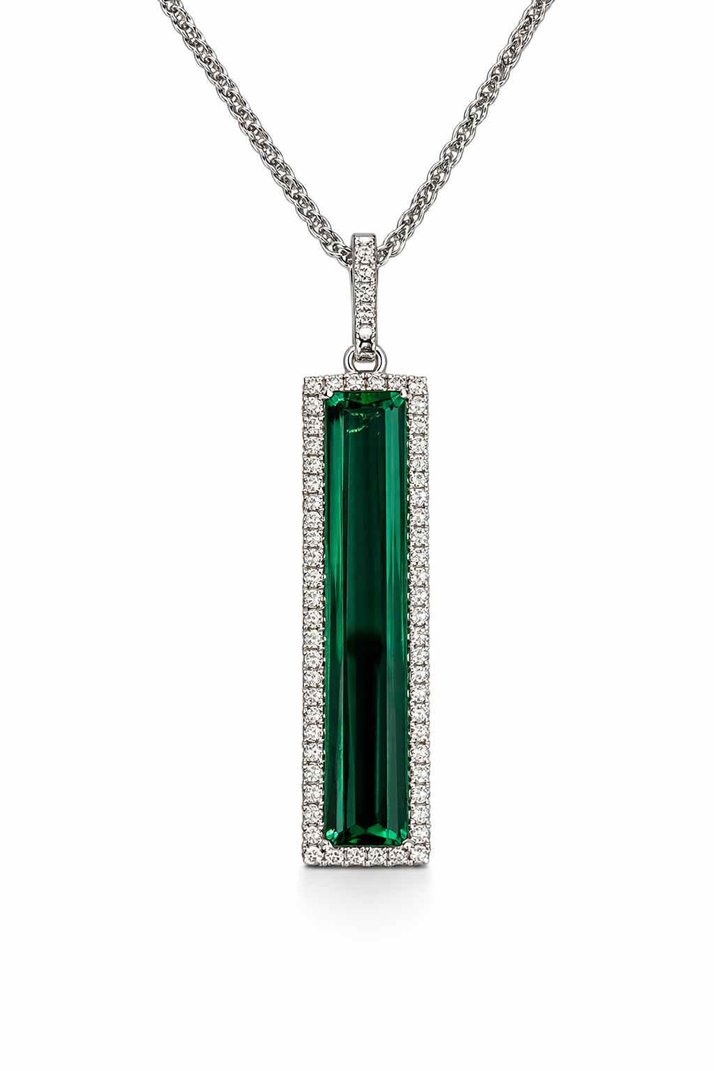 White Gold Green Tourmaline and Diamond Drop Pendant