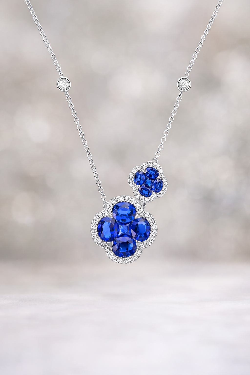 Sapphire and Diamond Asymmetrical Quatrefoil Necklace