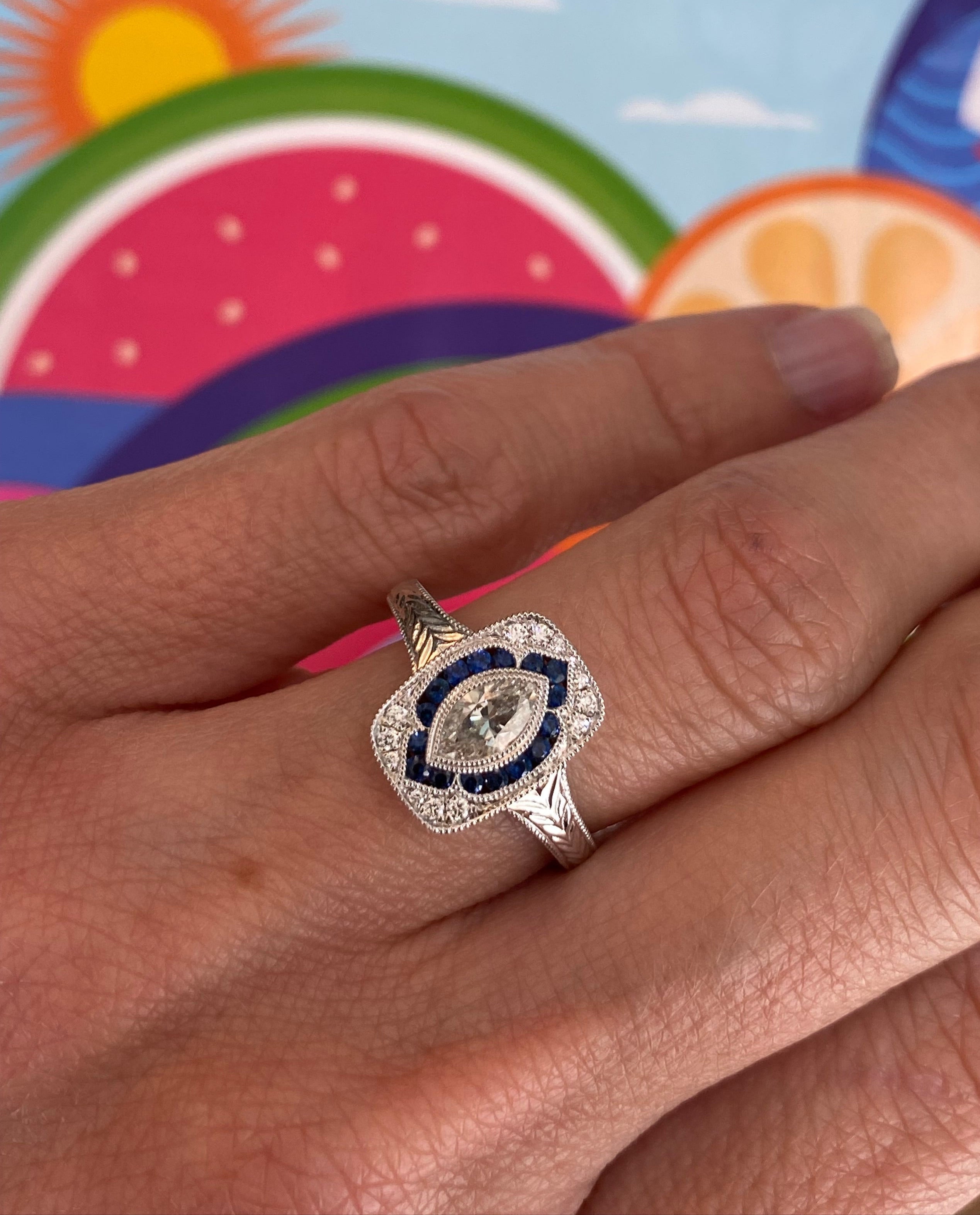 Vintage Inspired Midnight Marquise Sapphire & Diamond Ring