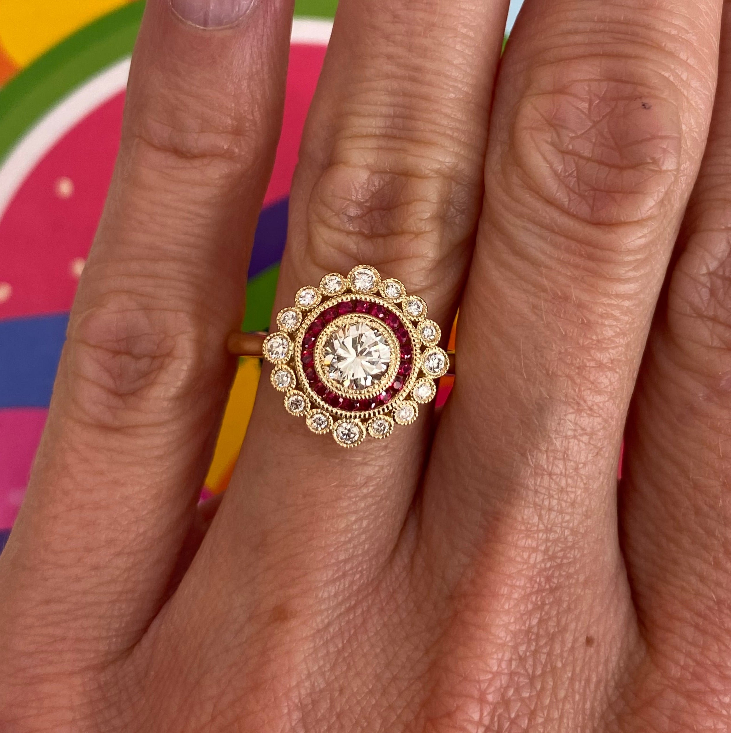 Diamond and Ruby Double Halo Yellow Gold Ring