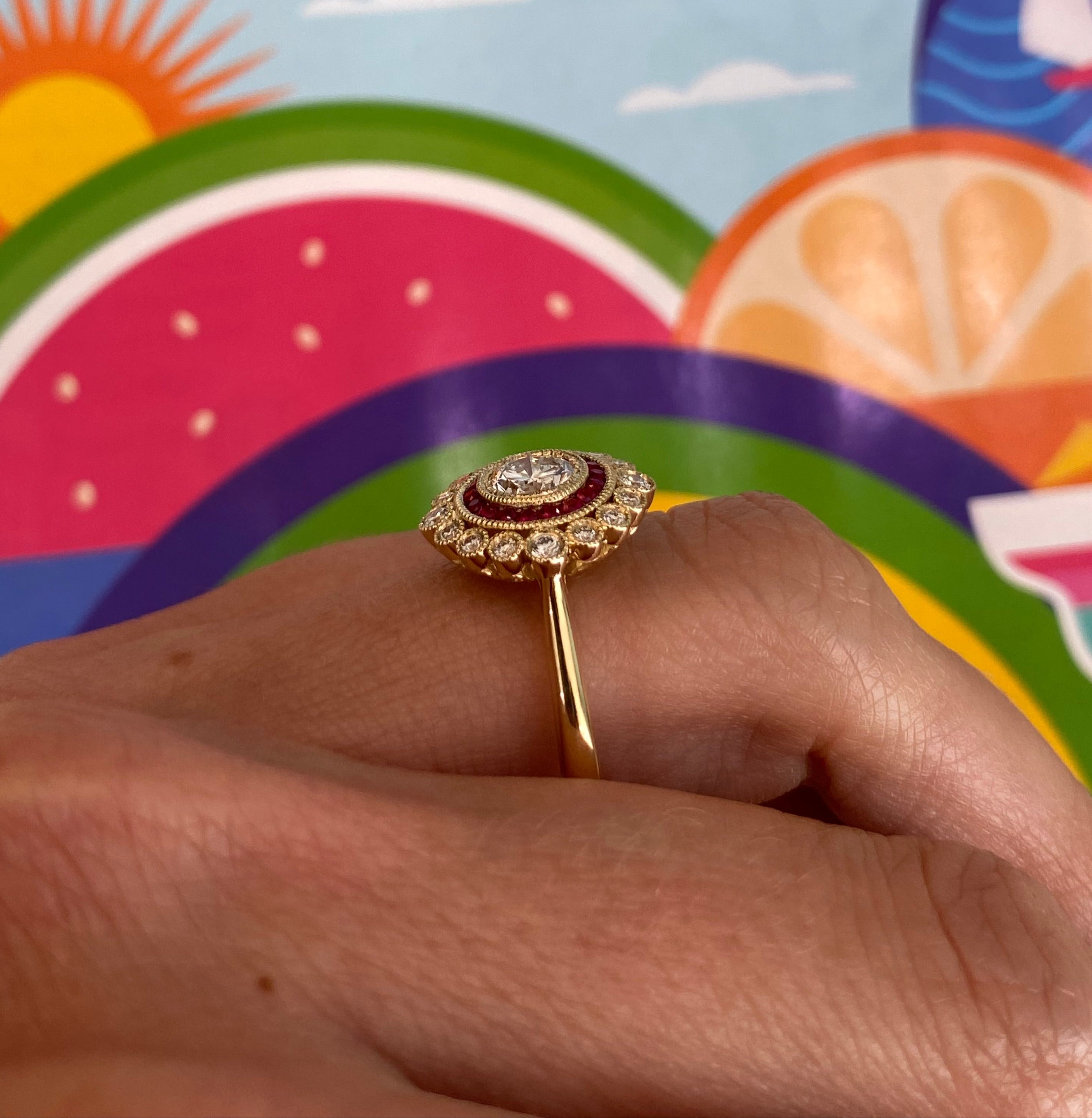 Diamond and Ruby Double Halo Yellow Gold Ring