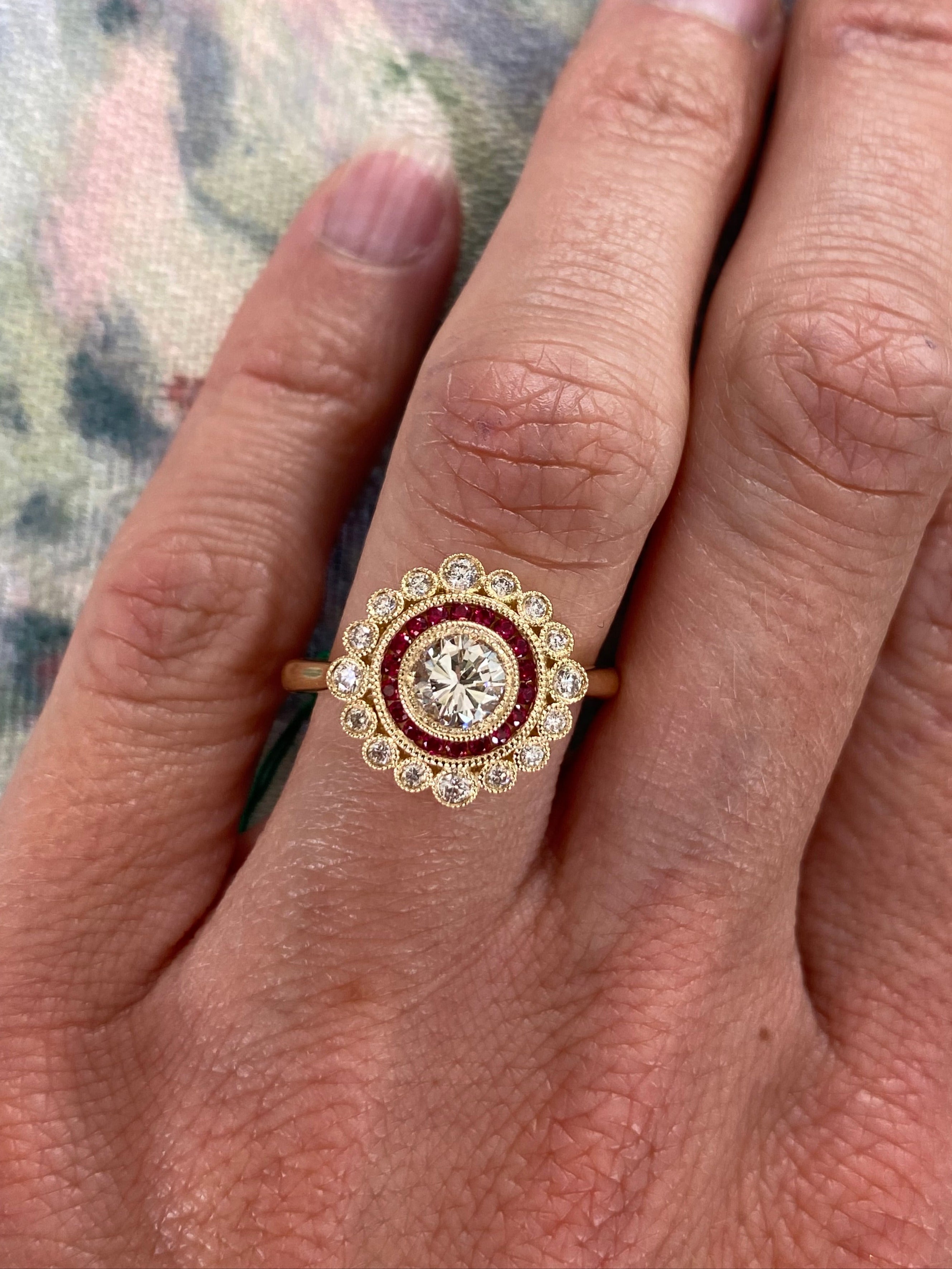 Diamond and Ruby Double Halo Yellow Gold Ring