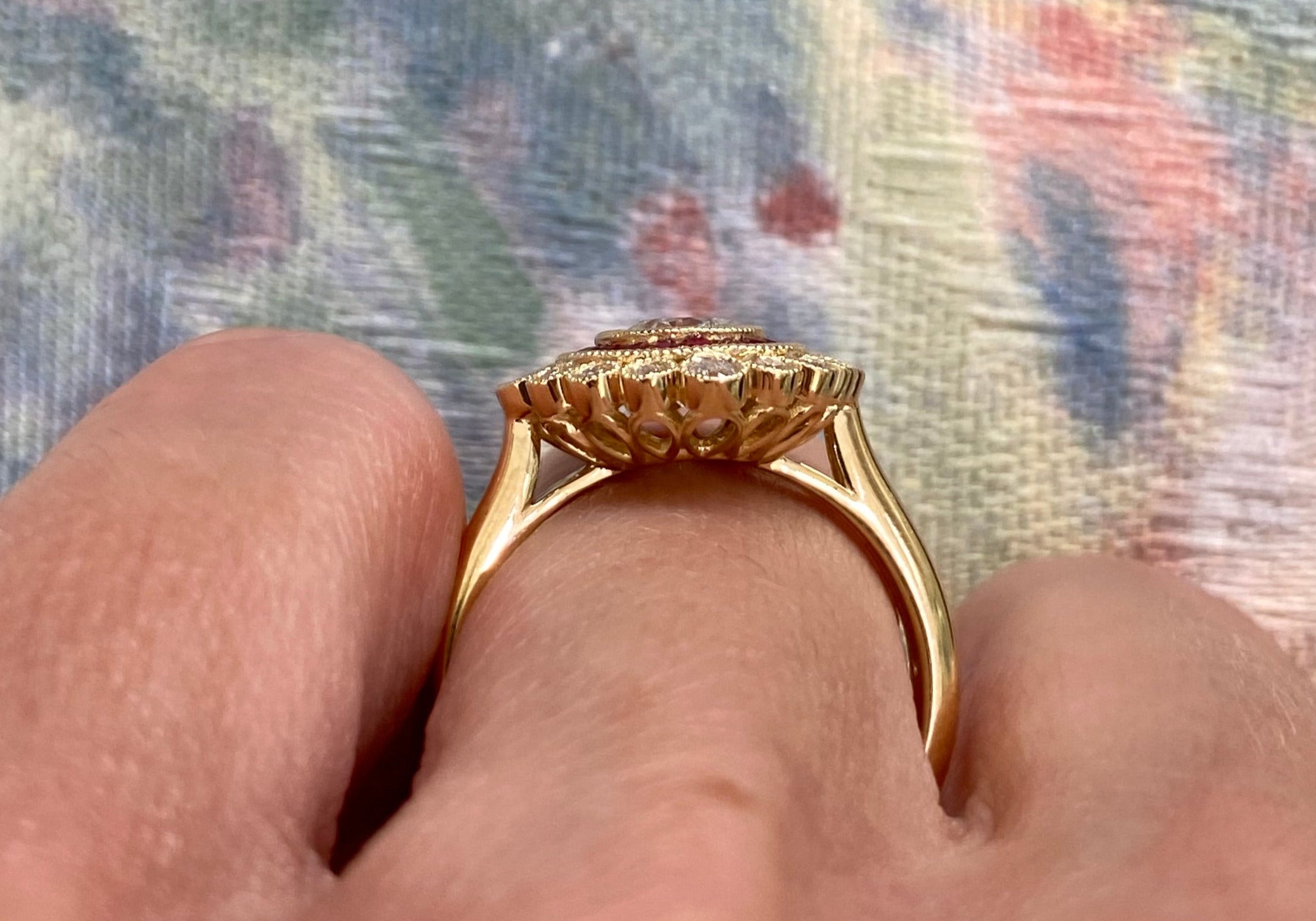 Diamond and Ruby Double Halo Yellow Gold Ring