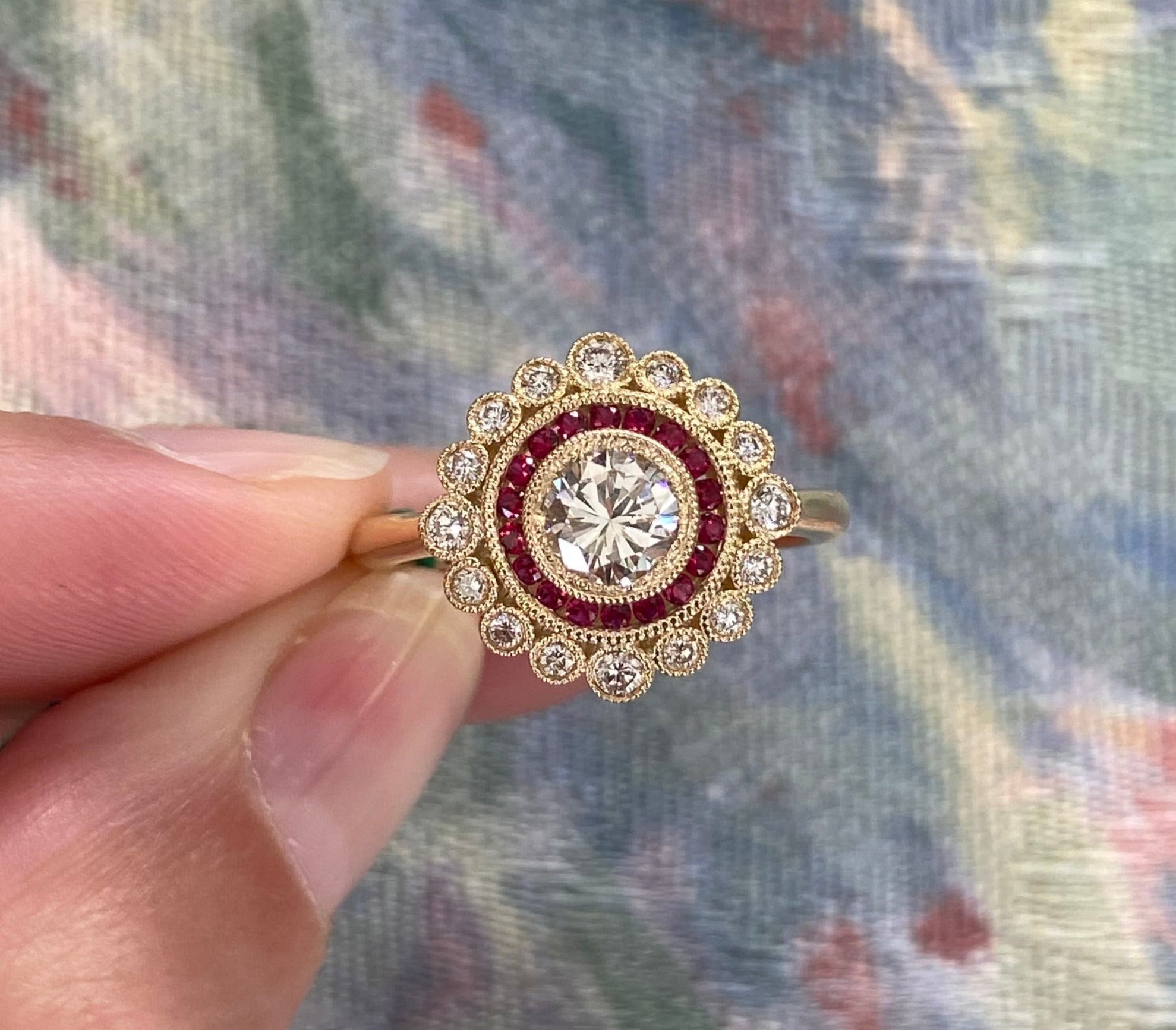 Diamond and Ruby Double Halo Yellow Gold Ring