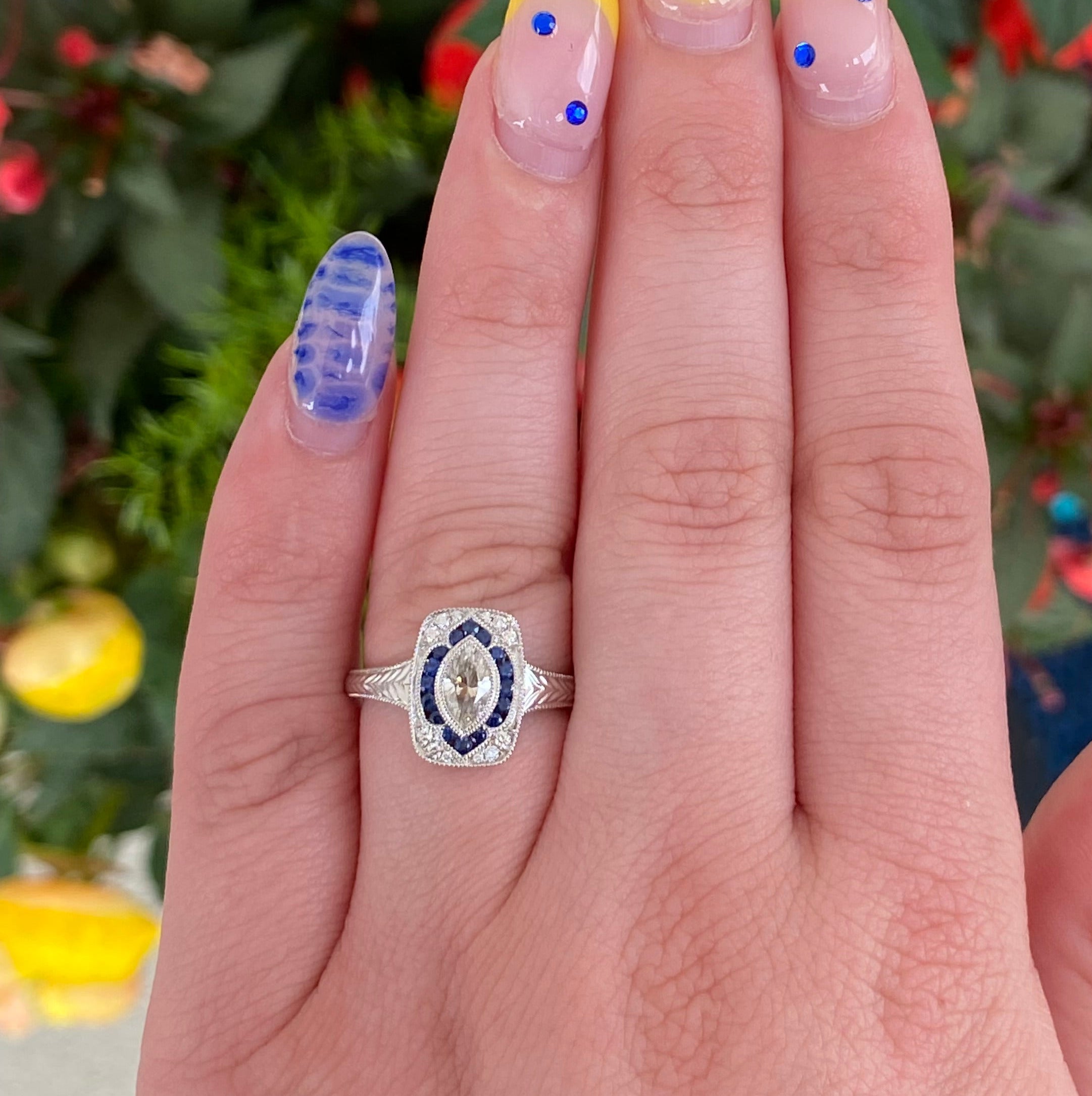 Vintage Inspired Midnight Marquise Sapphire & Diamond Ring