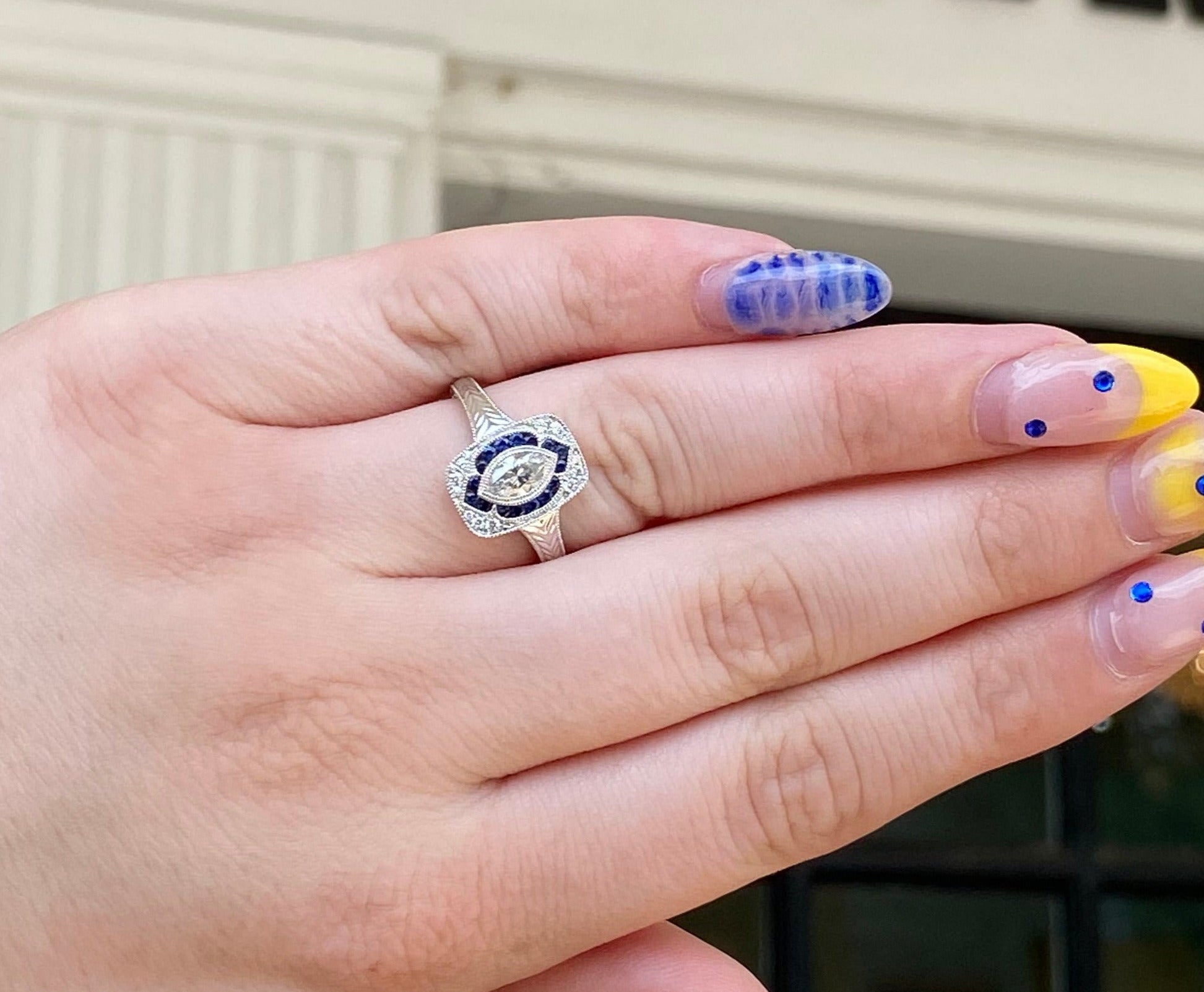 Vintage Inspired Midnight Marquise Sapphire & Diamond Ring