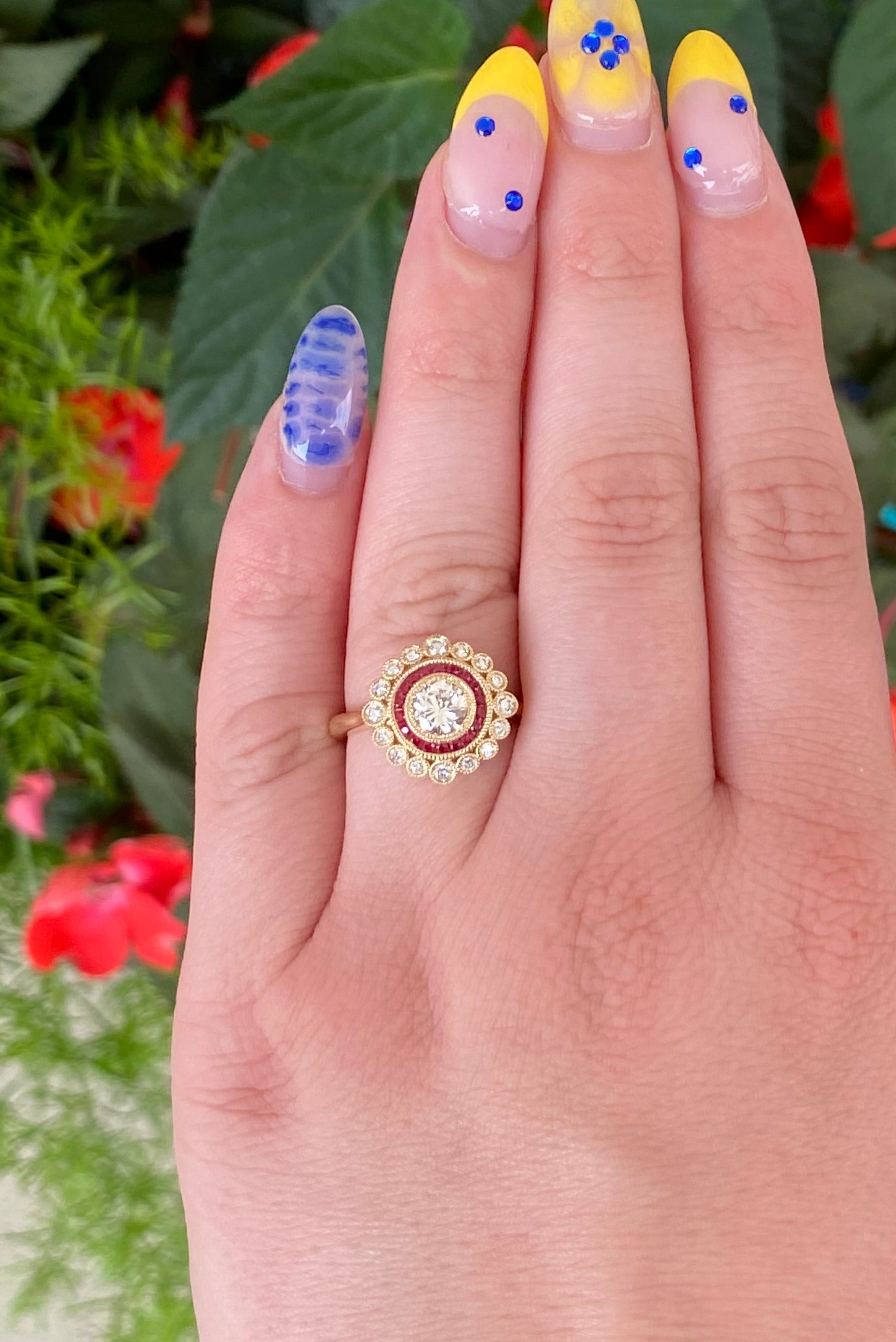 Diamond and Ruby Double Halo Yellow Gold Ring