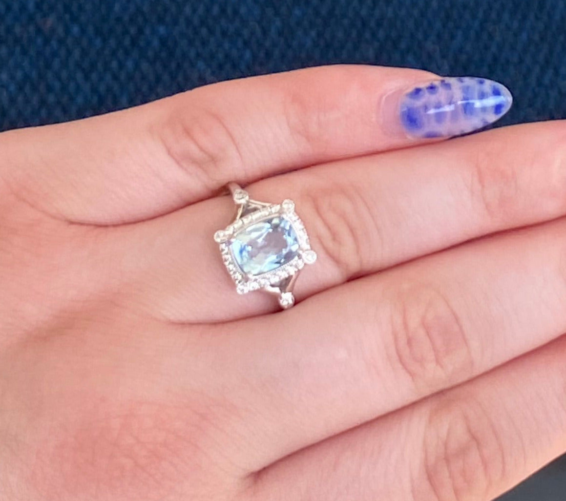 Aquamarine and Diamond Halo White Gold Ring