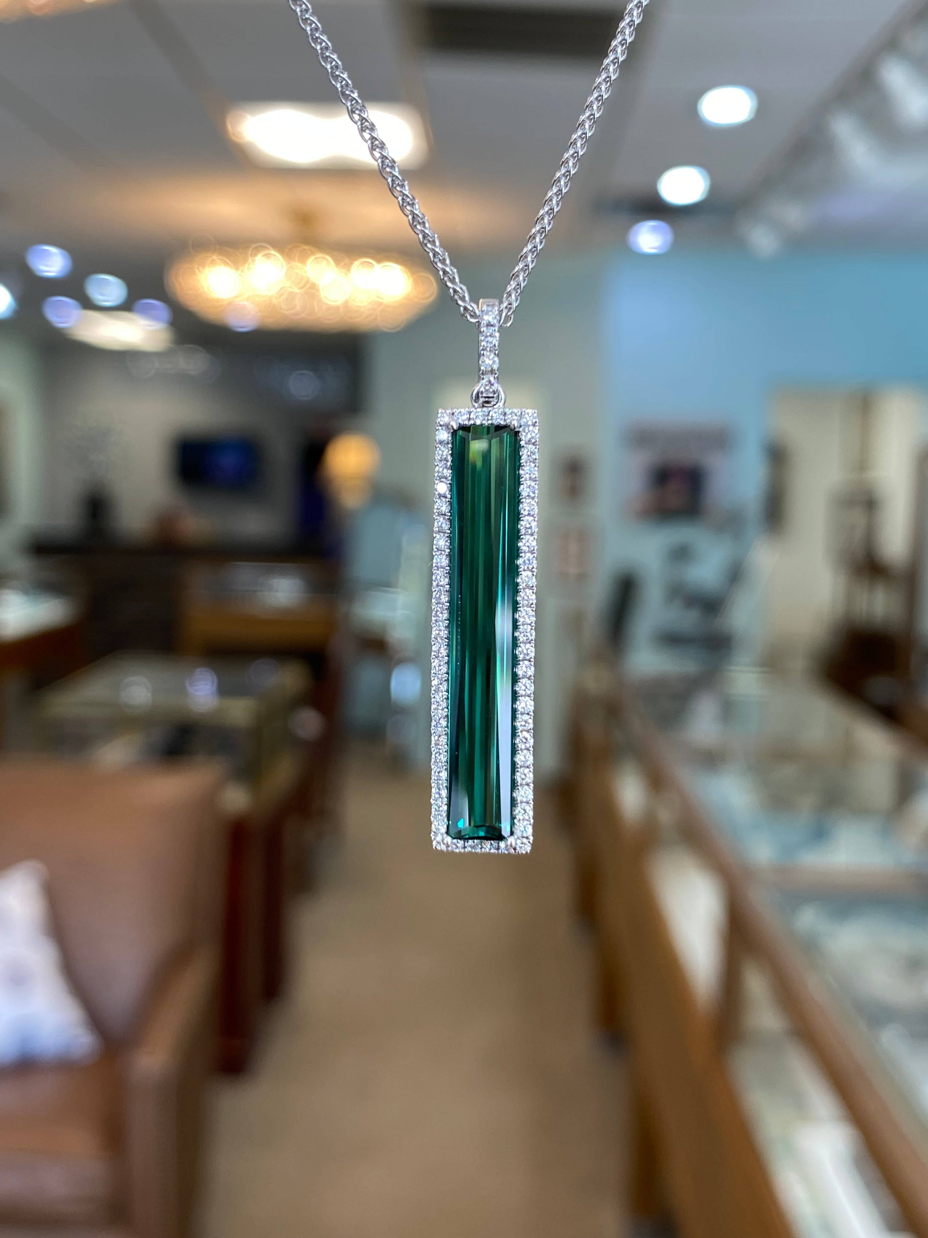 White Gold Green Tourmaline and Diamond Drop Pendant