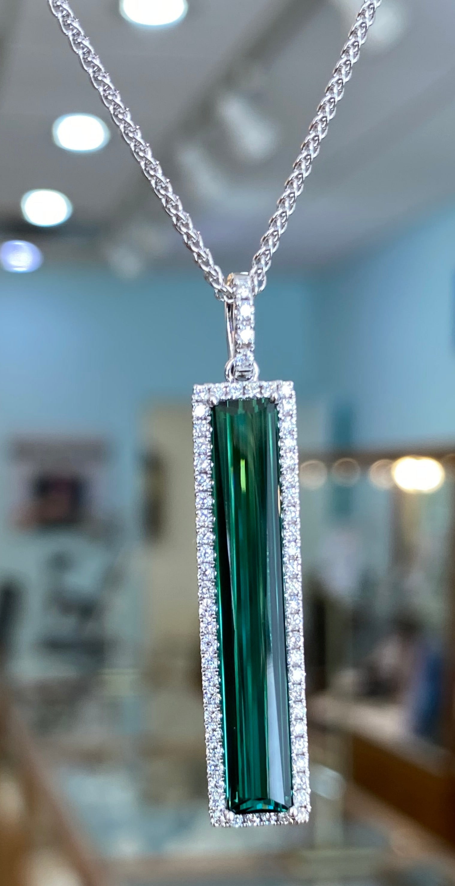 White Gold Green Tourmaline and Diamond Drop Pendant
