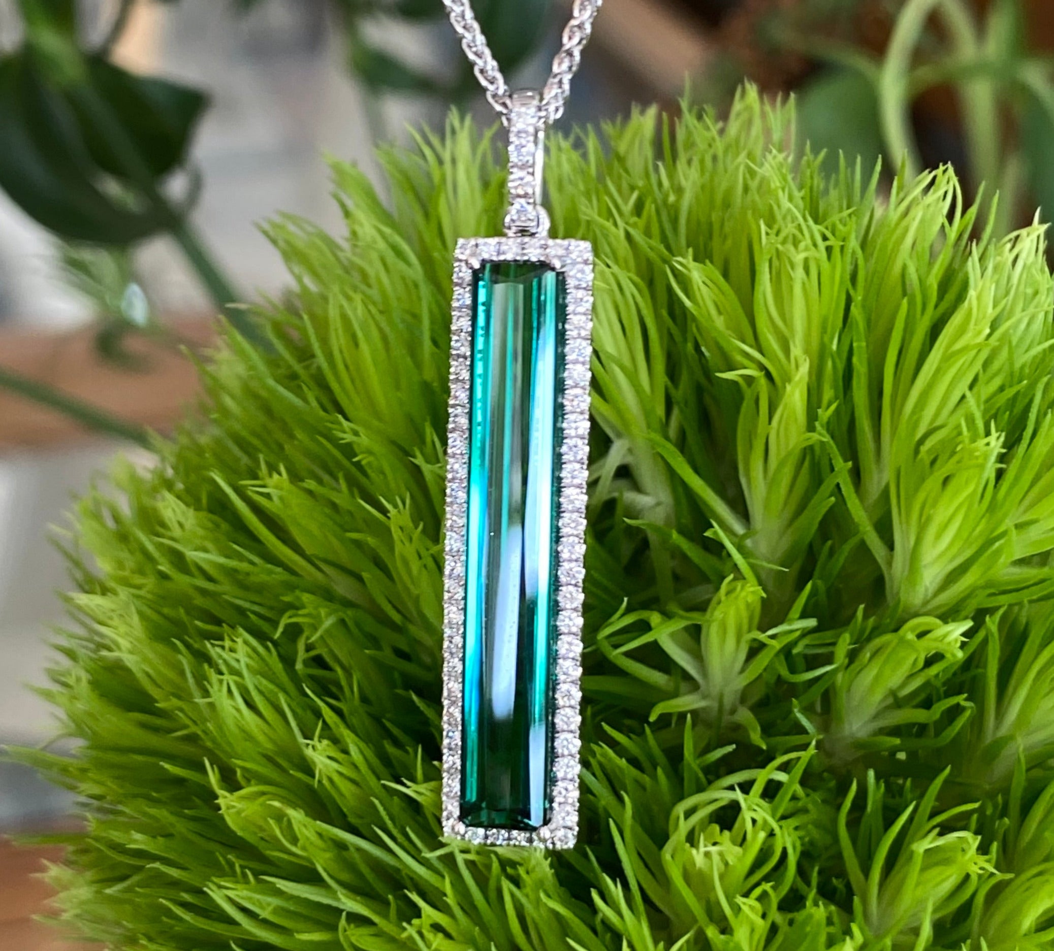 White Gold Green Tourmaline and Diamond Drop Pendant