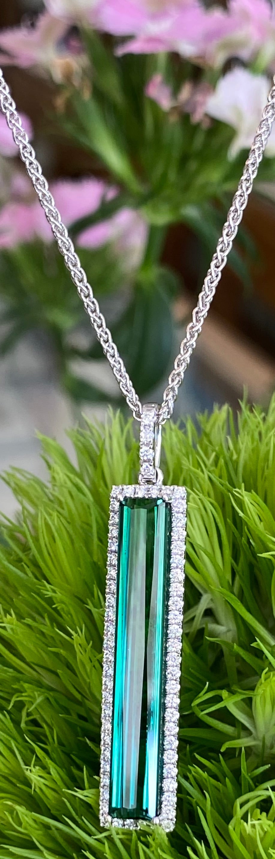 White Gold Green Tourmaline and Diamond Drop Pendant