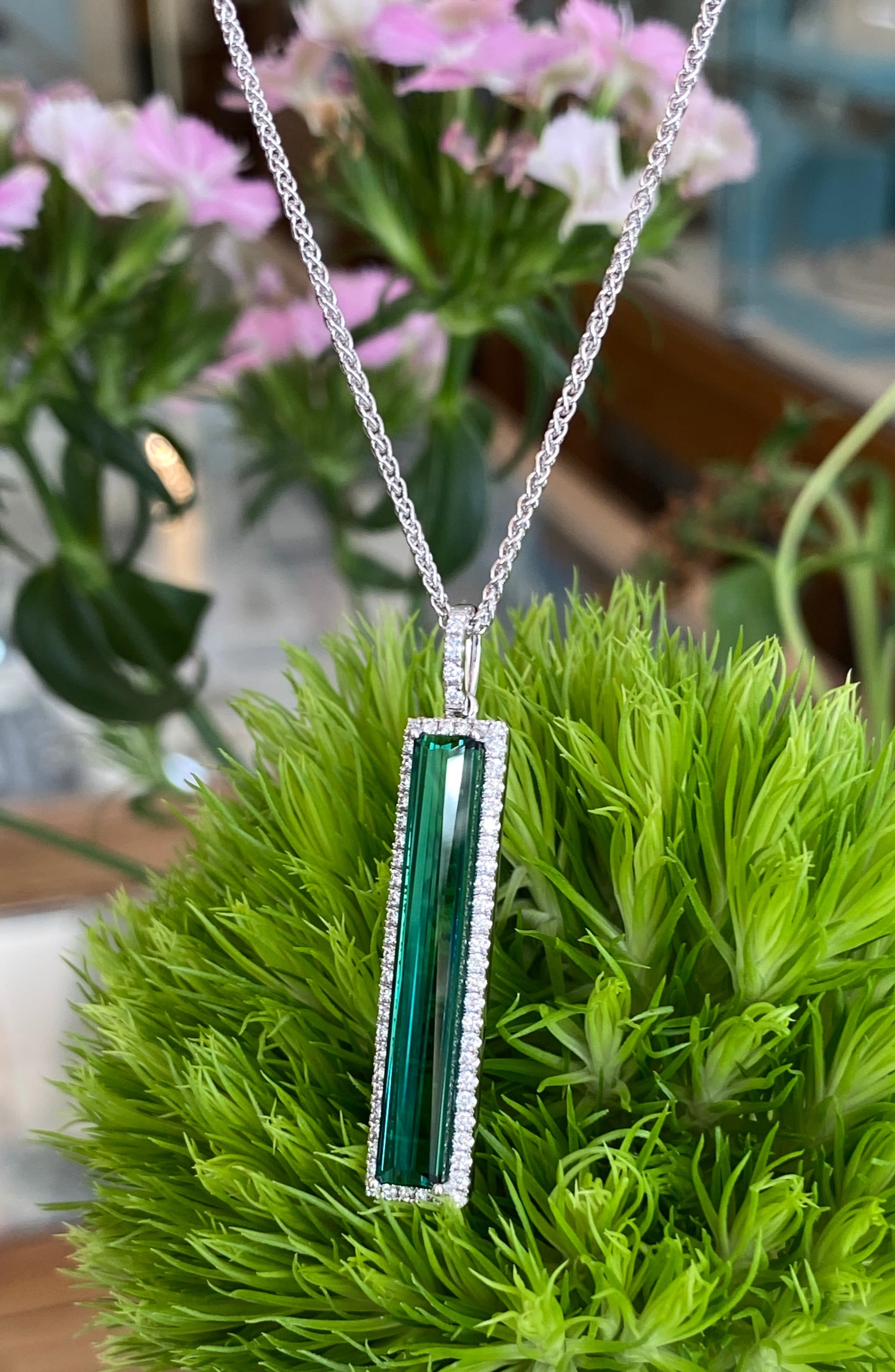 White Gold Green Tourmaline and Diamond Drop Pendant
