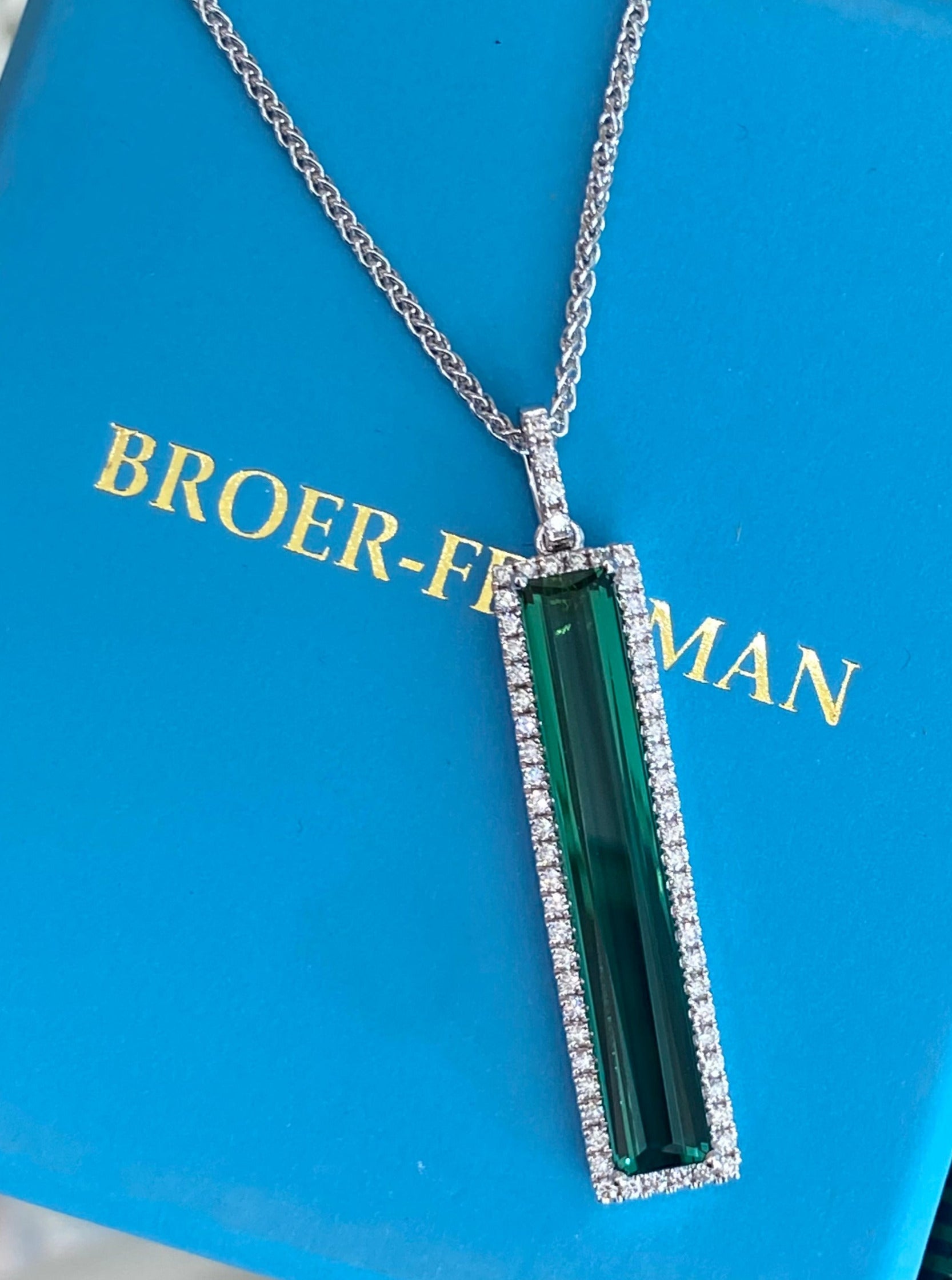 White Gold Green Tourmaline and Diamond Drop Pendant