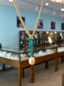 18K Yellow Gold Opal Pearl and Green Garnet Pendant Necklace