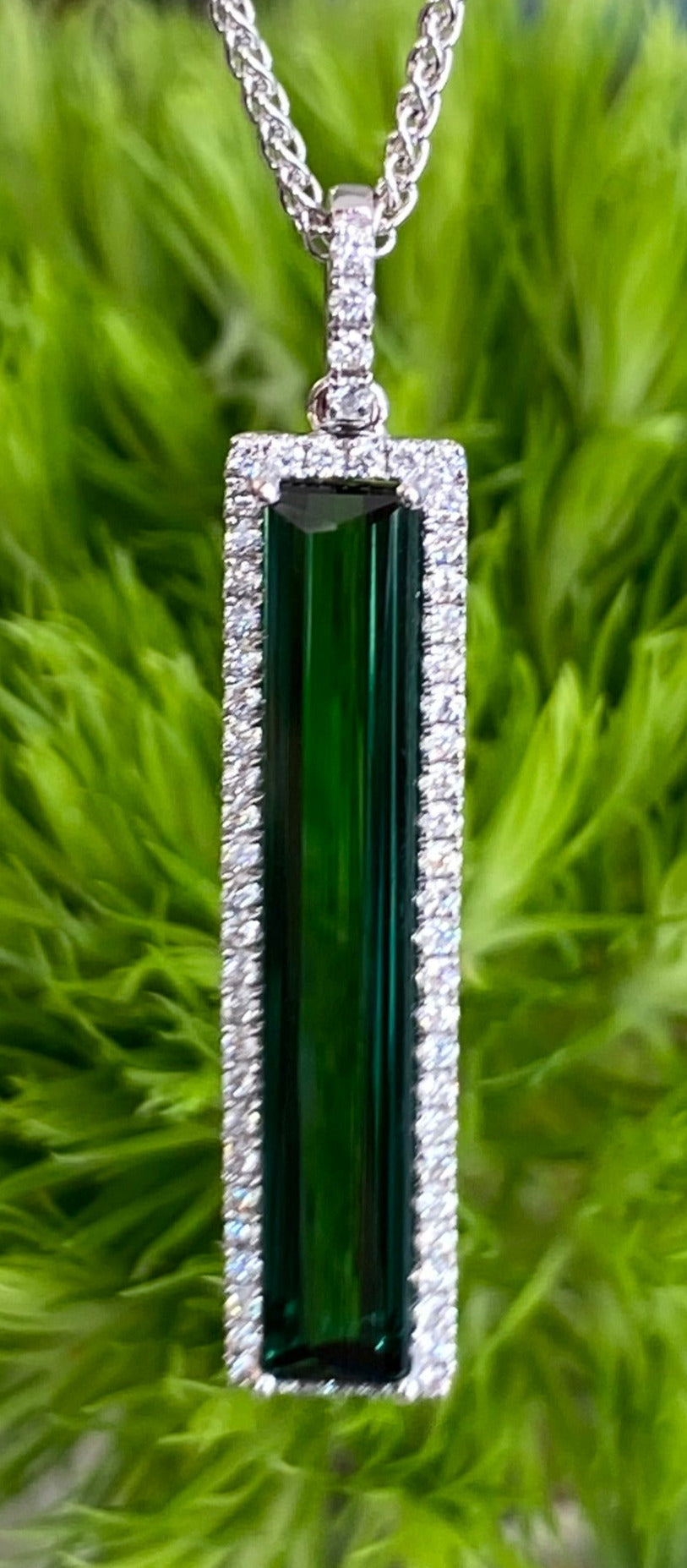 White Gold Green Tourmaline and Diamond Drop Pendant