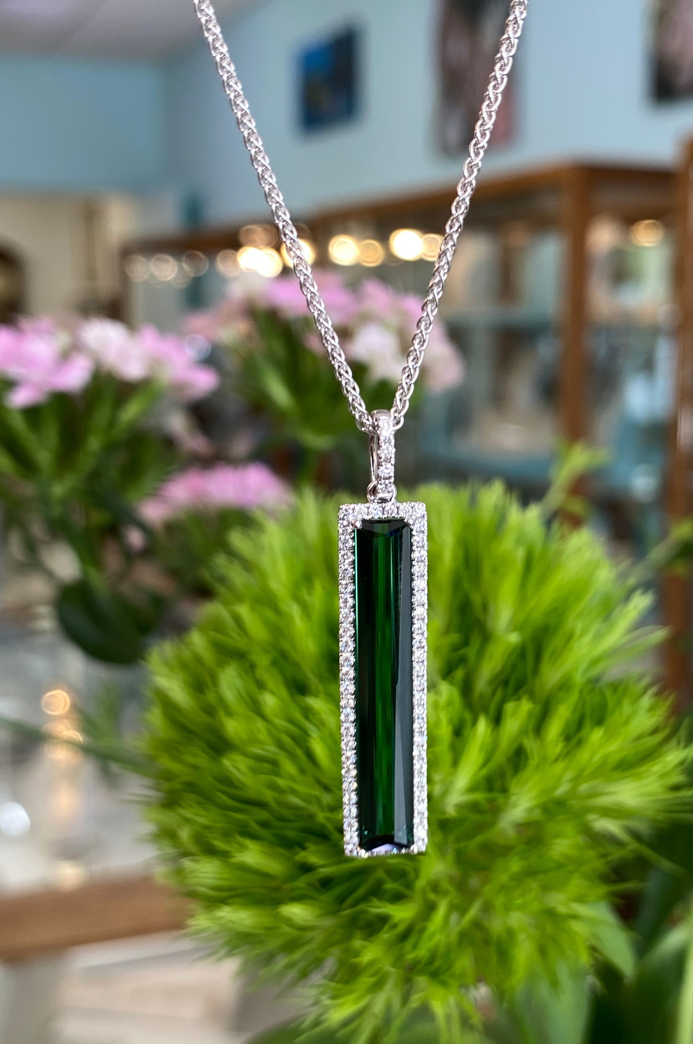 White Gold Green Tourmaline and Diamond Drop Pendant