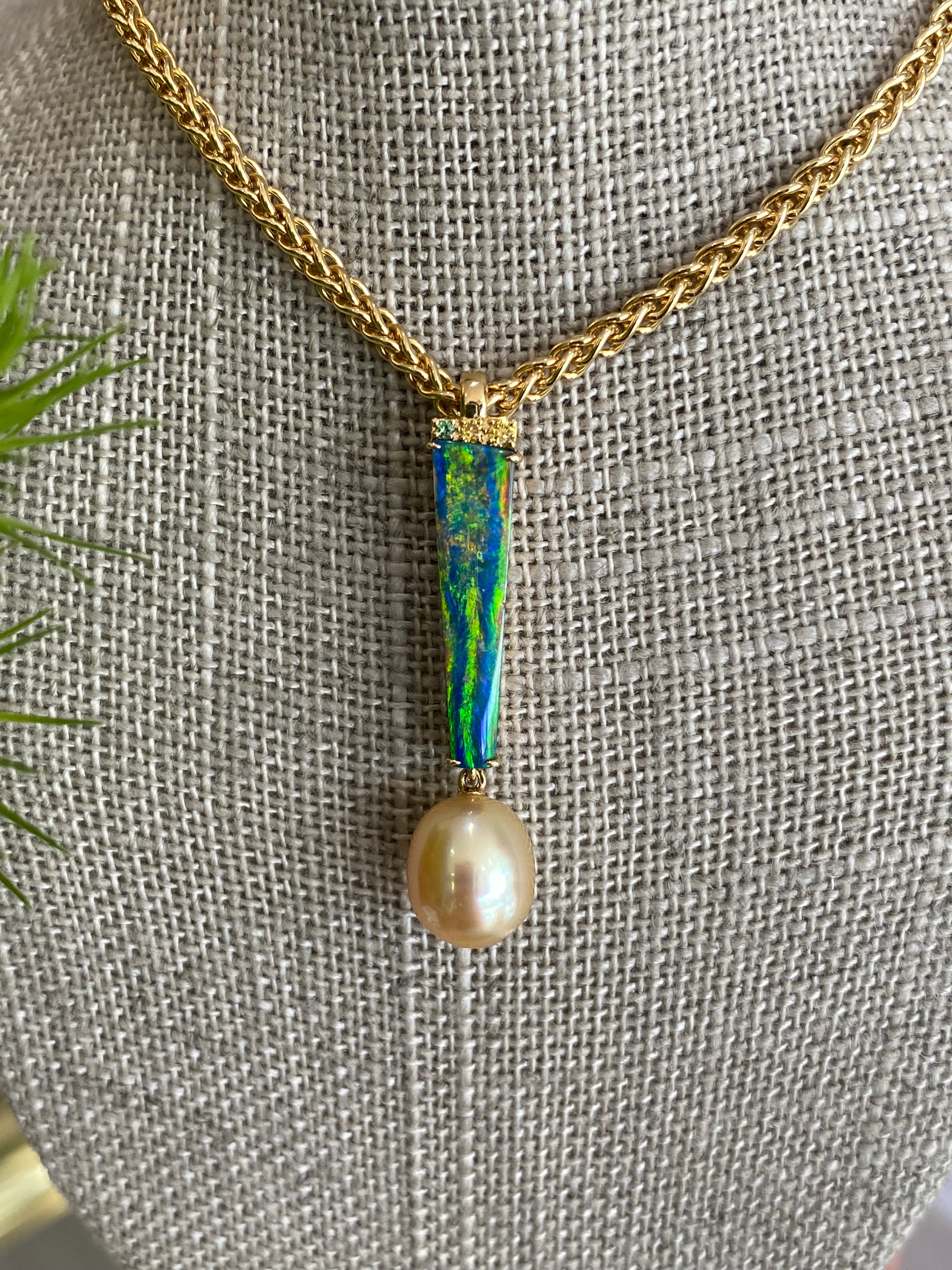 18K Yellow Gold Opal Pearl and Green Garnet Pendant Necklace