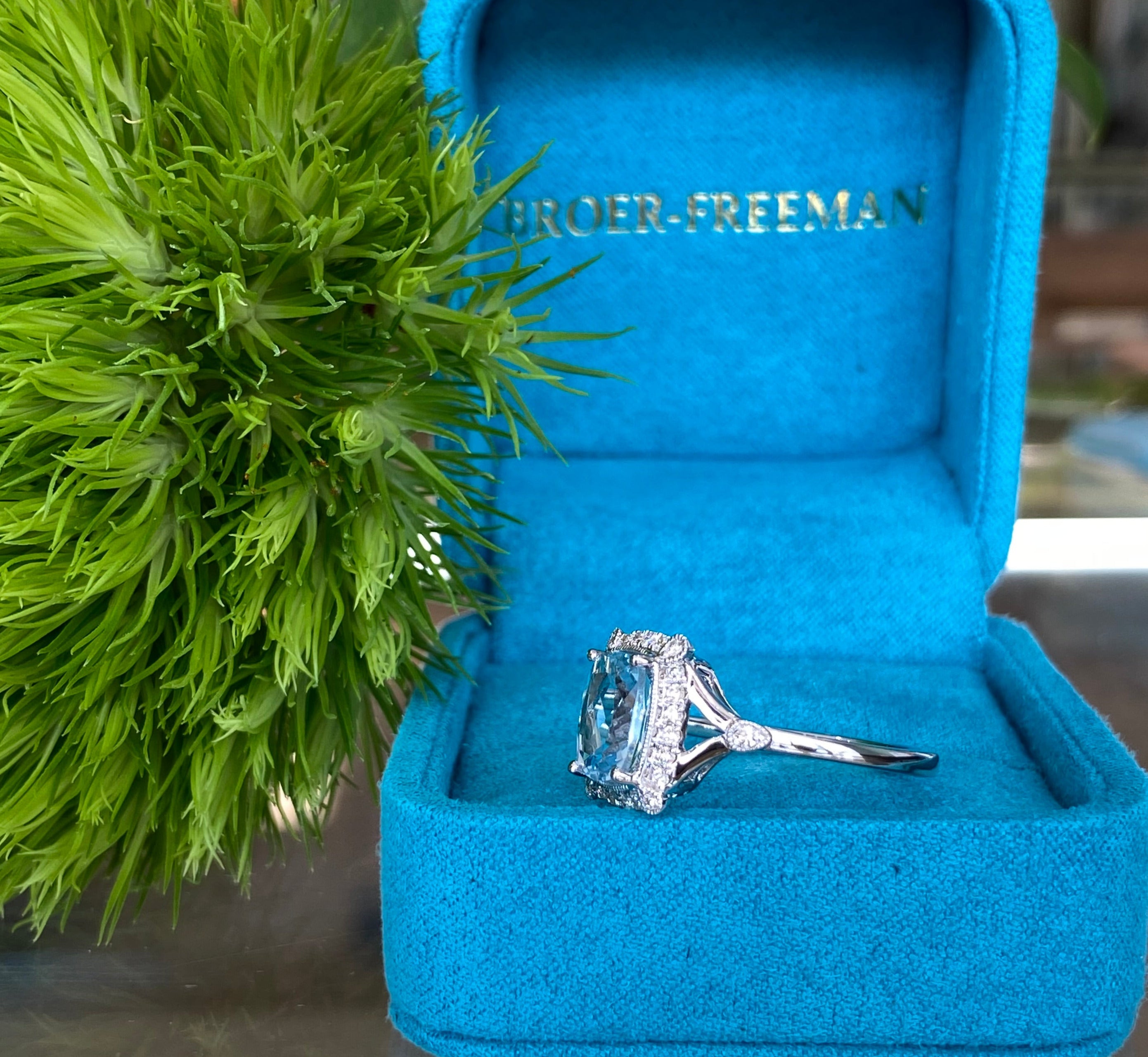 Aquamarine and Diamond Halo White Gold Ring