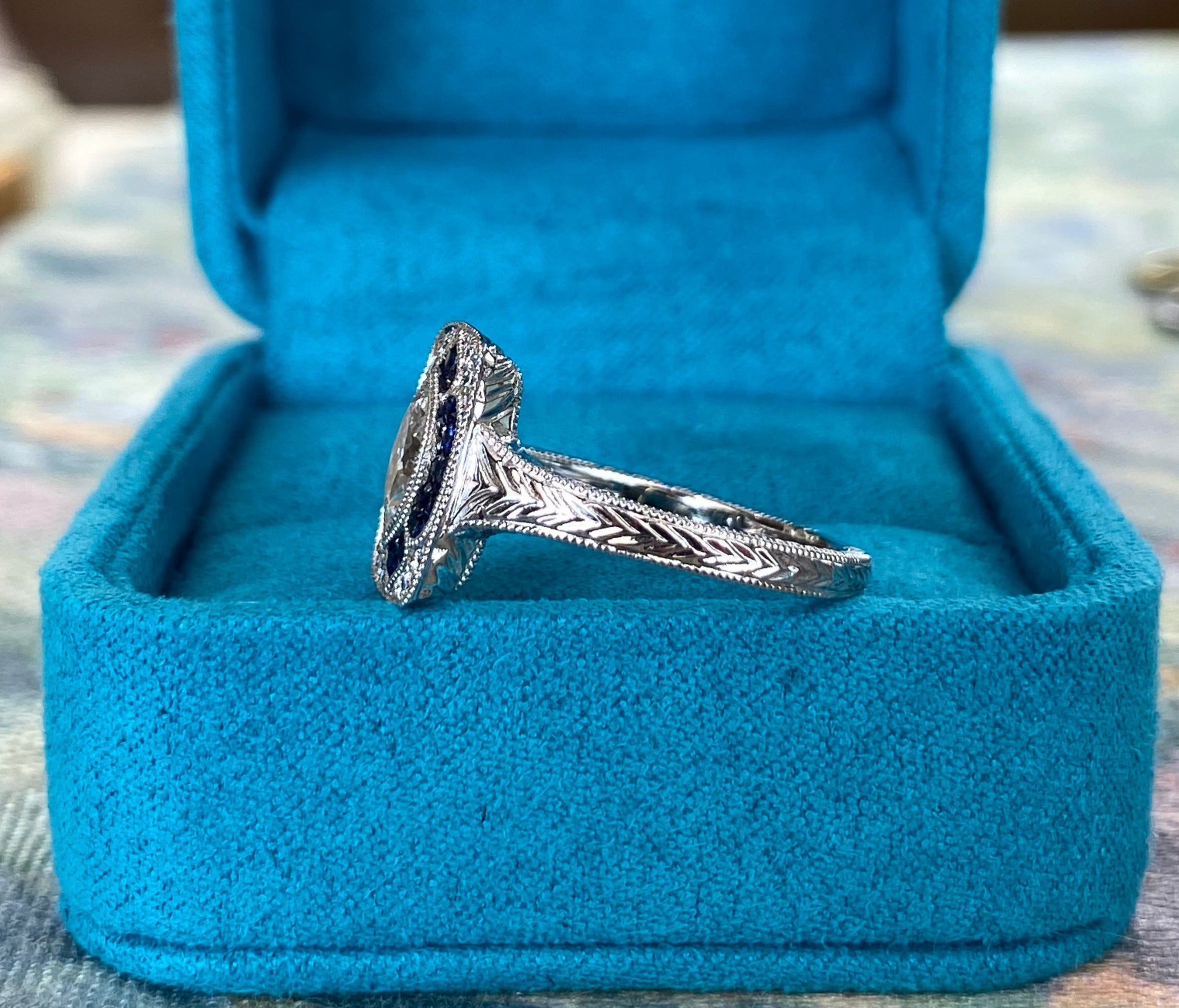 Vintage Inspired Midnight Marquise Sapphire & Diamond Ring