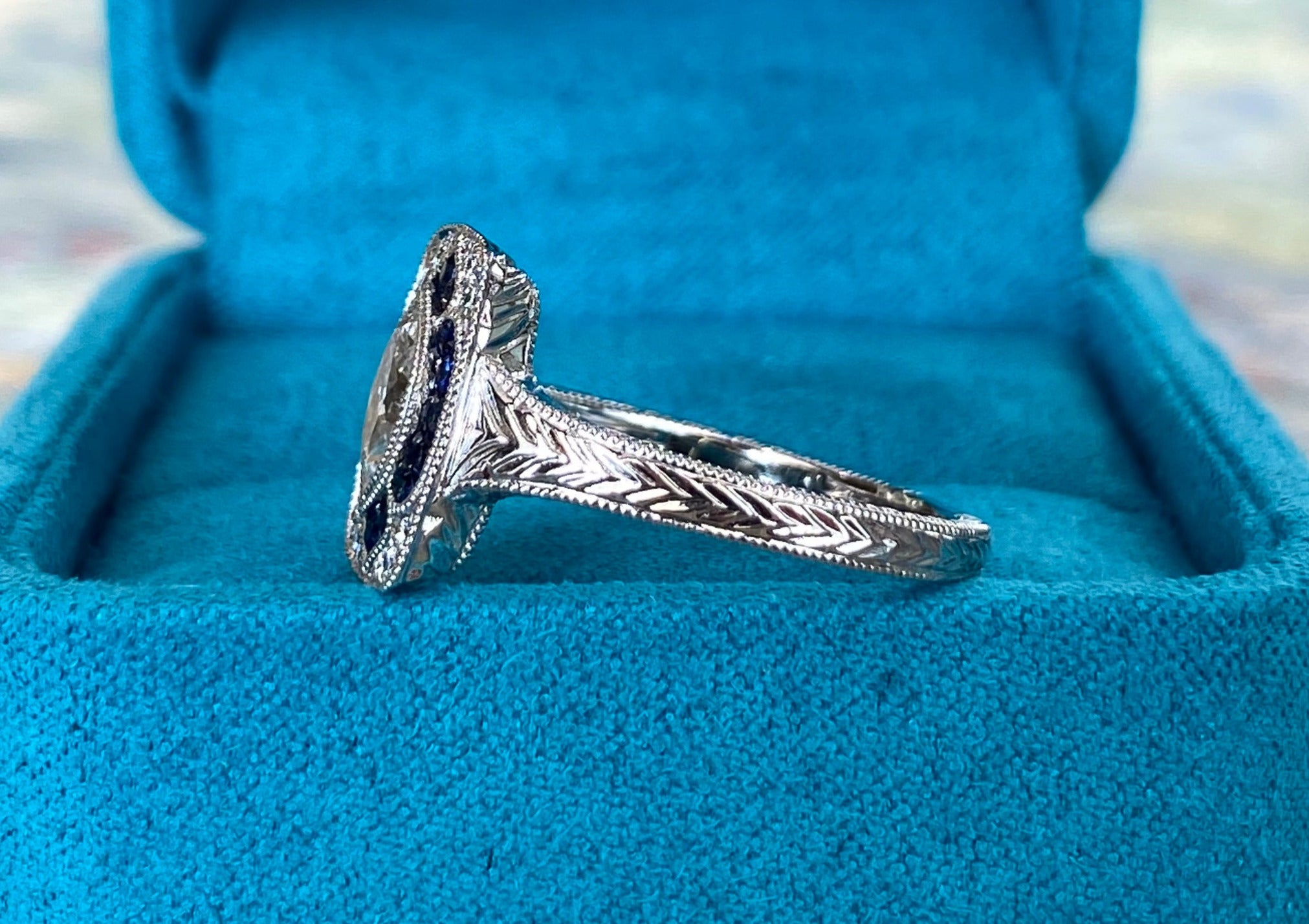 Vintage Inspired Midnight Marquise Sapphire & Diamond Ring