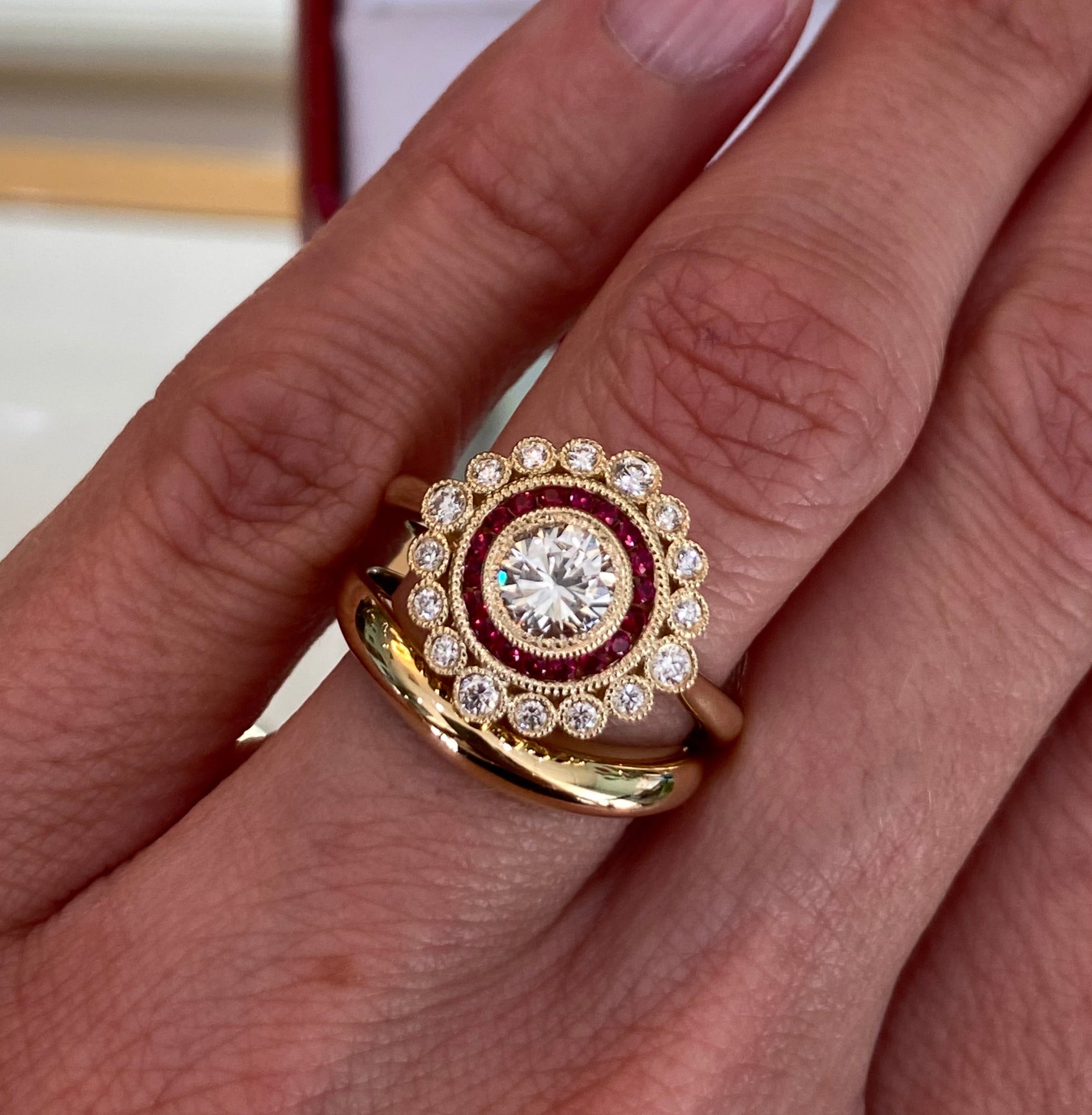 Diamond and Ruby Double Halo Yellow Gold Ring