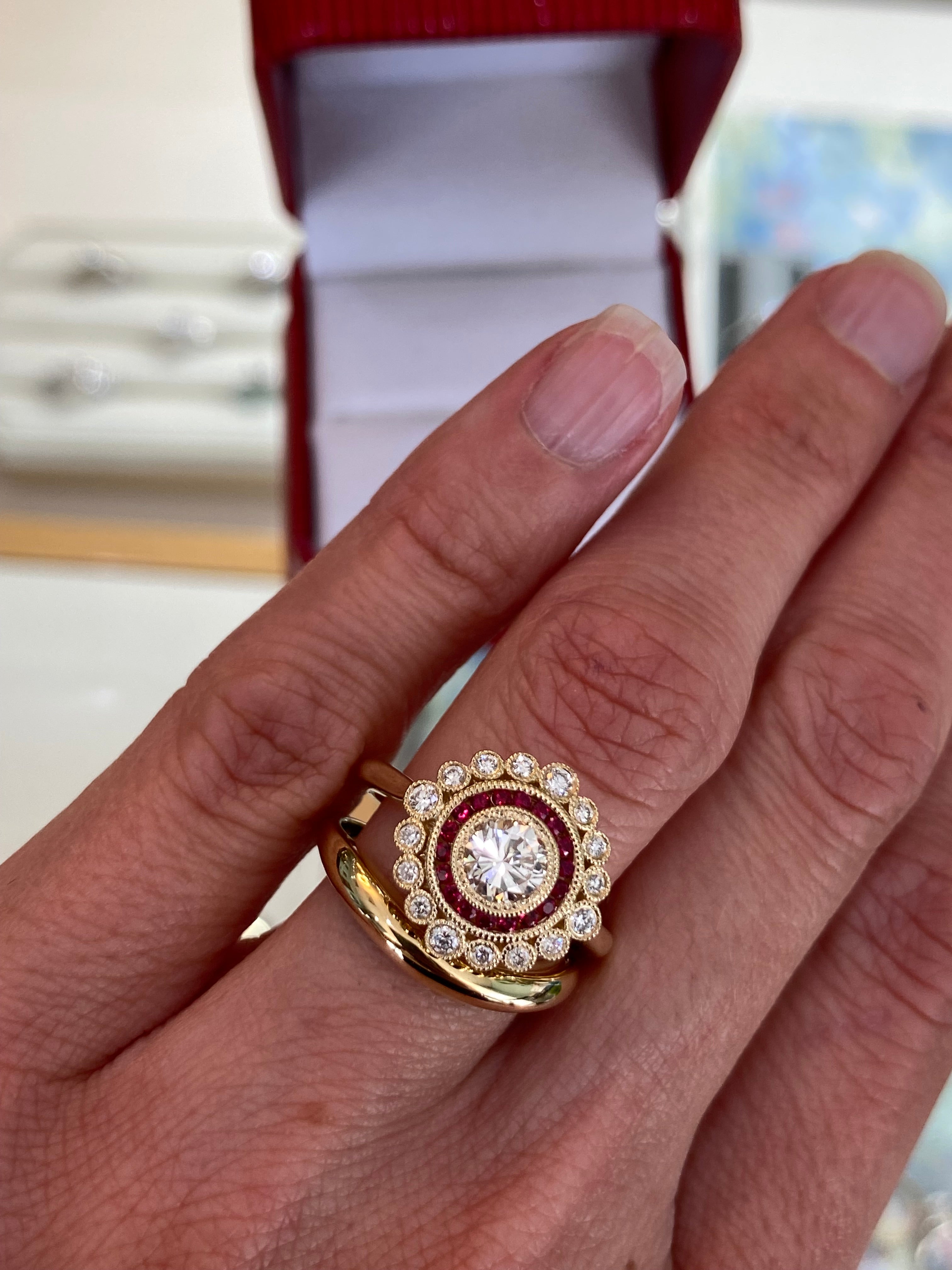 Diamond and Ruby Double Halo Yellow Gold Ring
