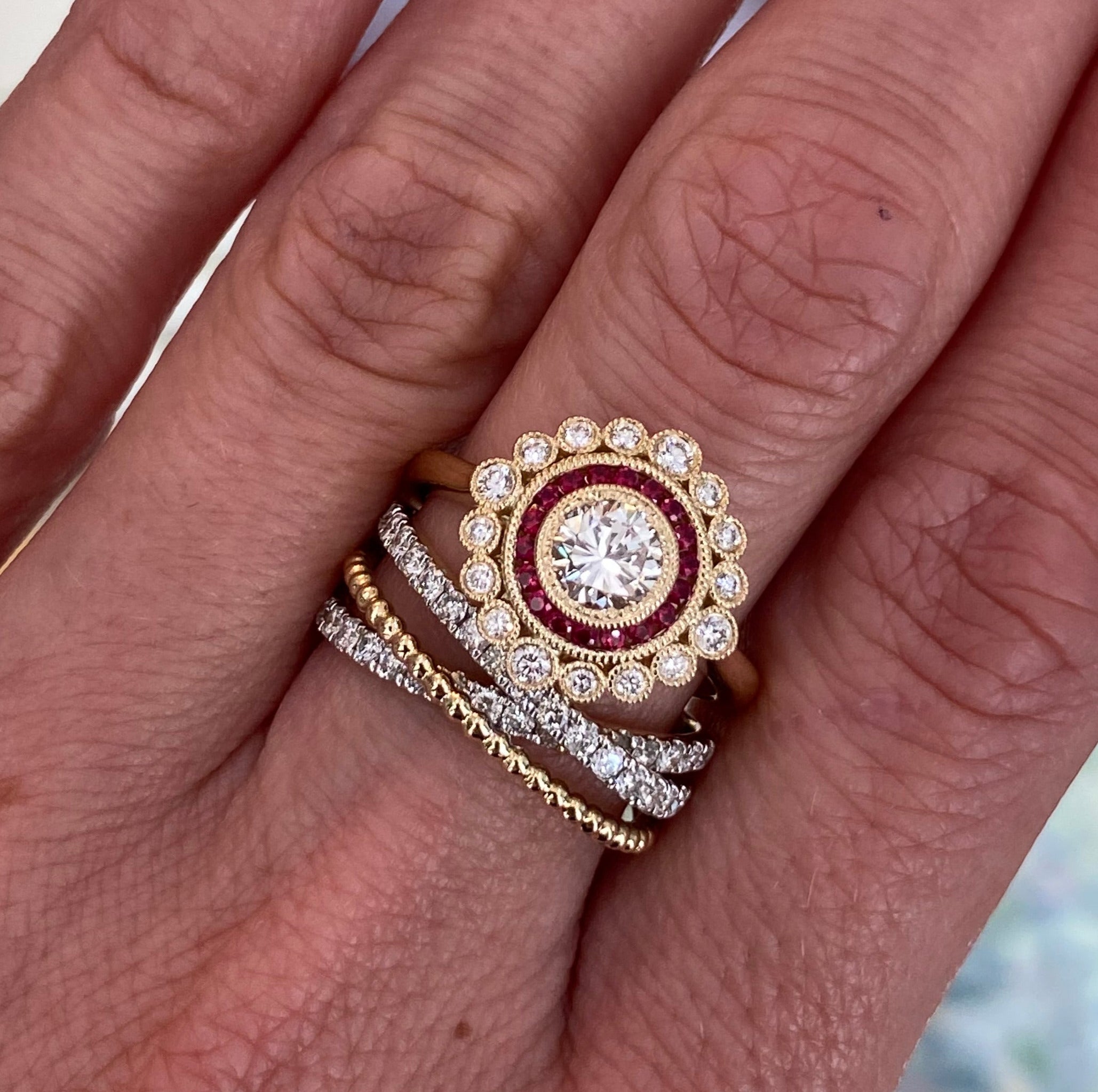 Diamond and Ruby Double Halo Yellow Gold Ring