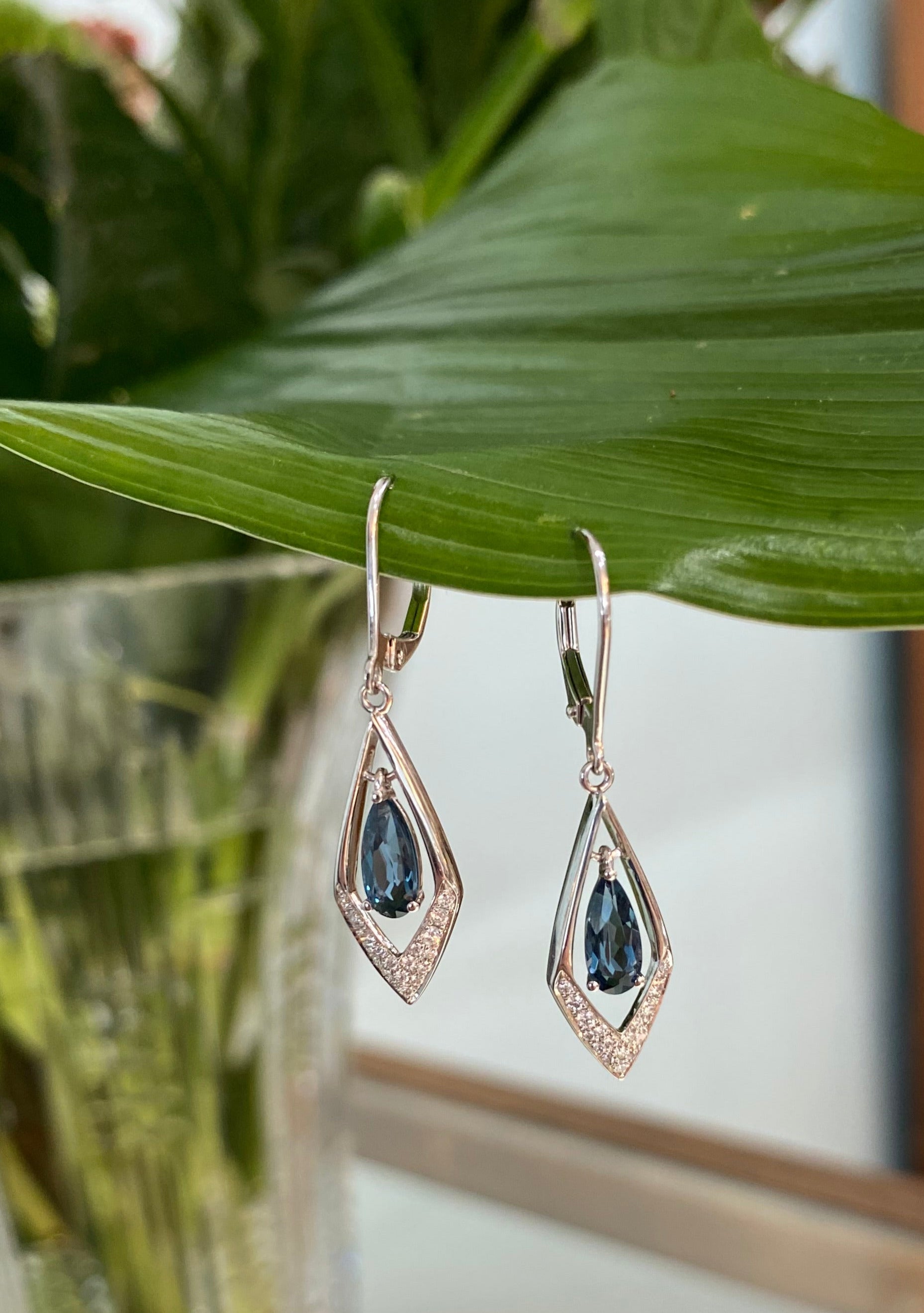 Blue Topaz Inset Diamond Drop Earrings