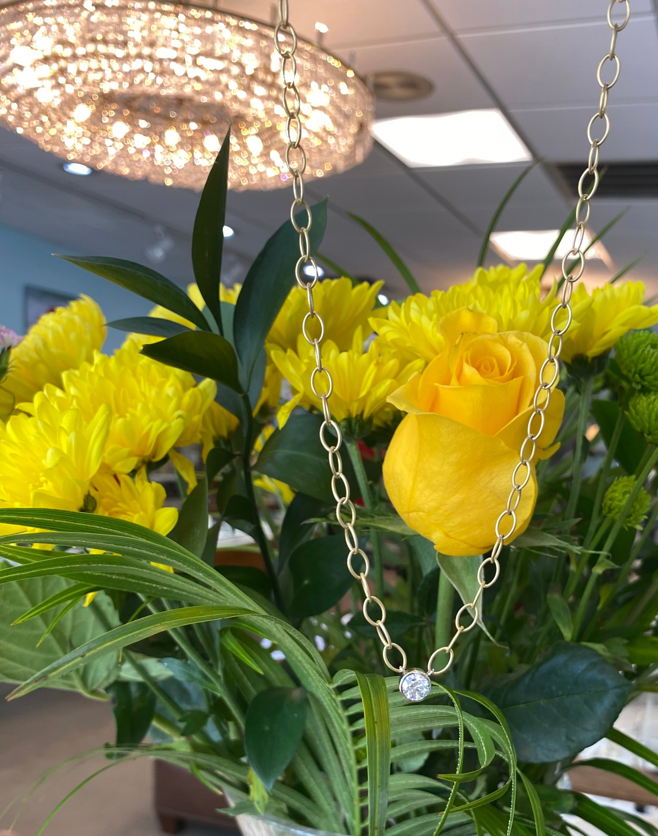 18K Yellow Gold Vintage Bezel Set Round Diamond Necklace