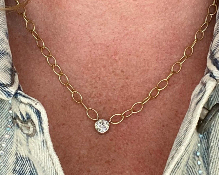 18K Yellow Gold Vintage Bezel Set Round Diamond Necklace