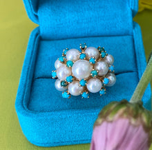 Load image into Gallery viewer, Vintage Pearl and Turquoise Yellow Gold Ring

