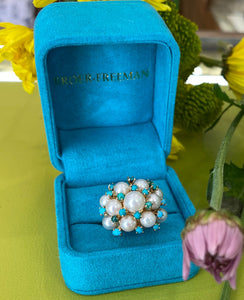 Vintage Pearl and Turquoise Yellow Gold Ring