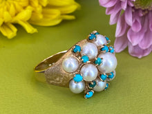 Load image into Gallery viewer, Vintage Pearl and Turquoise Yellow Gold Ring
