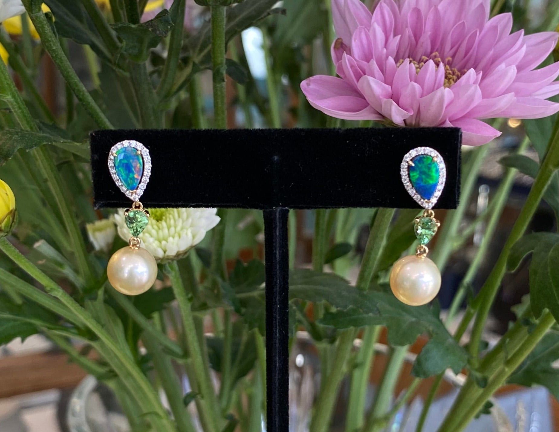 18K Yellow Gold Opal Pearl Garnet and Diamond Drop Earrings