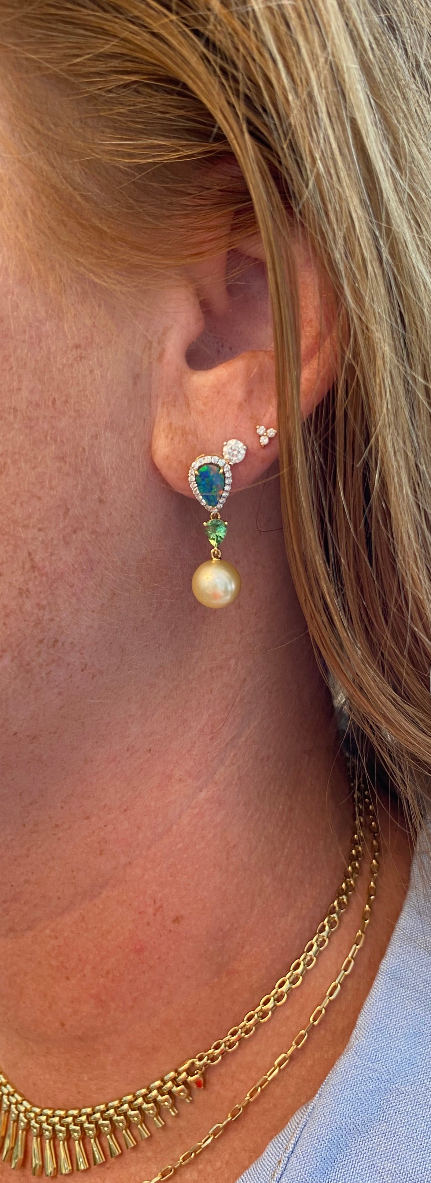 18K Yellow Gold Opal Pearl Garnet and Diamond Drop Earrings