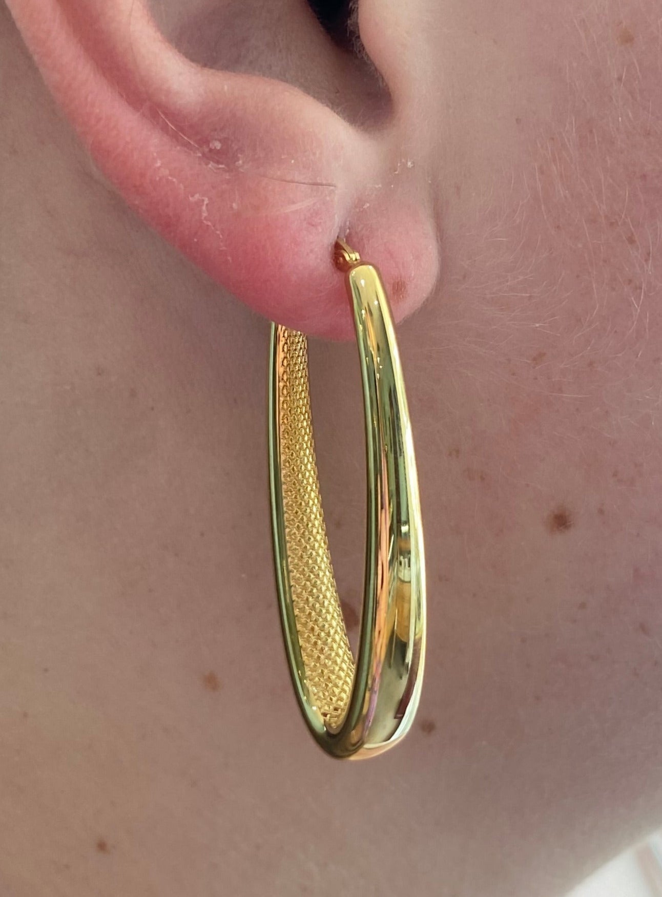 Yellow Gold Long Oval Etched Hoops