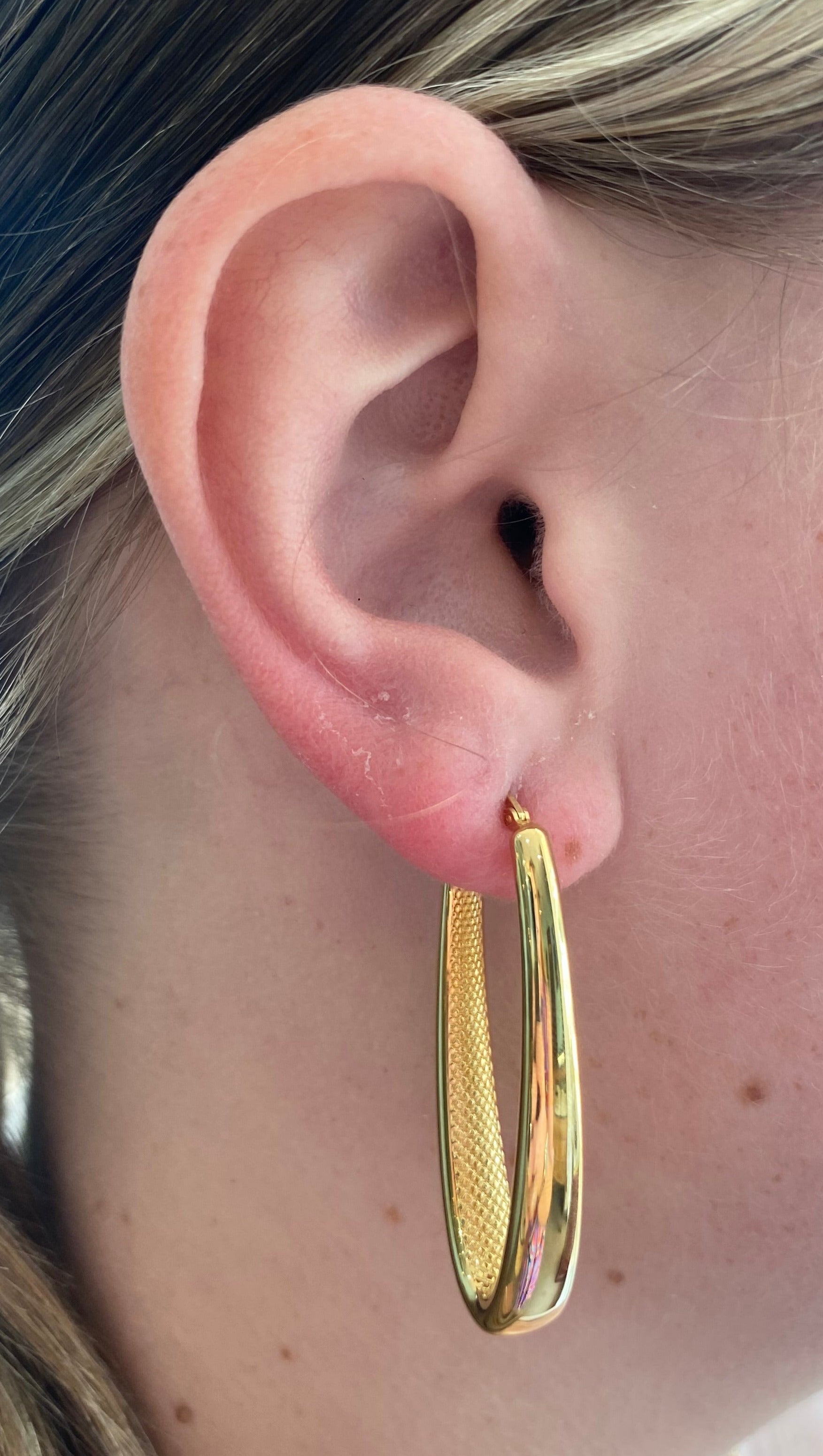 Yellow Gold Long Oval Etched Hoops