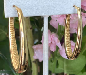 Yellow Gold Long Oval Etched Hoops