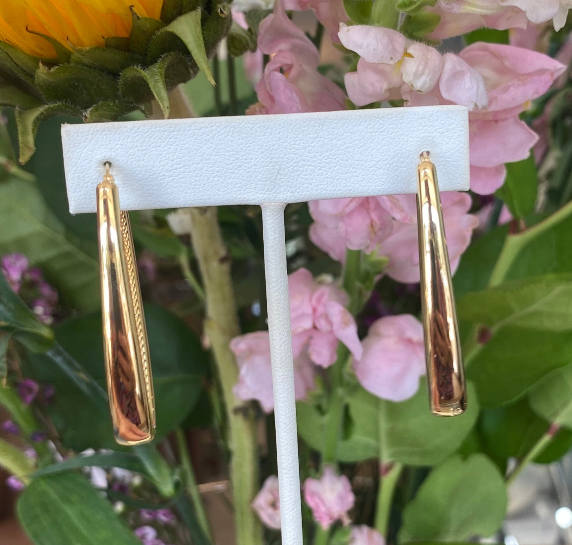 Yellow Gold Long Oval Etched Hoops