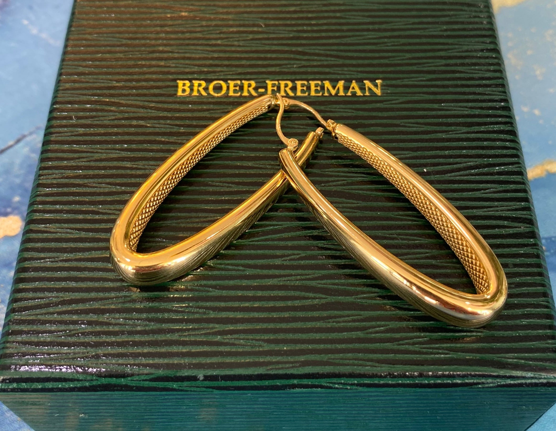 Yellow Gold Long Oval Etched Hoops