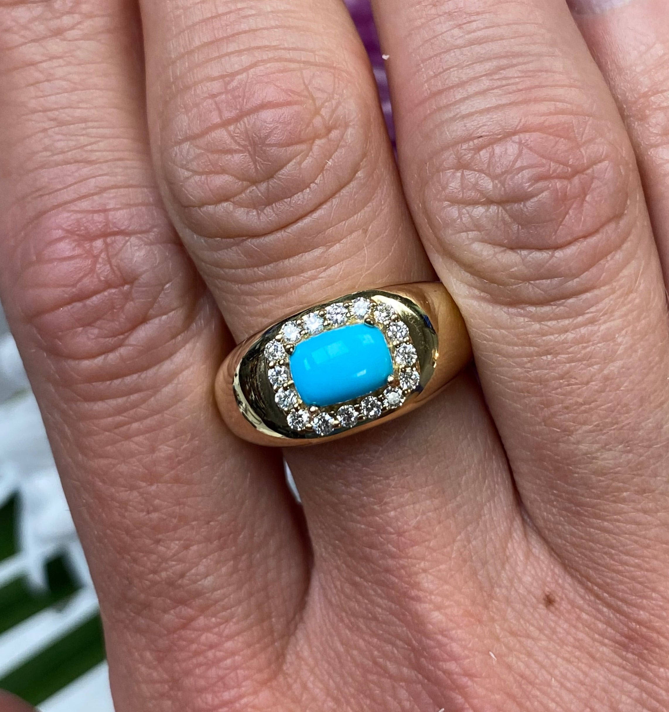 Turquoise and Diamond Halo Wide Band Ring