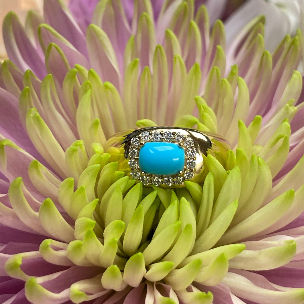 Turquoise and Diamond Halo Wide Band Ring