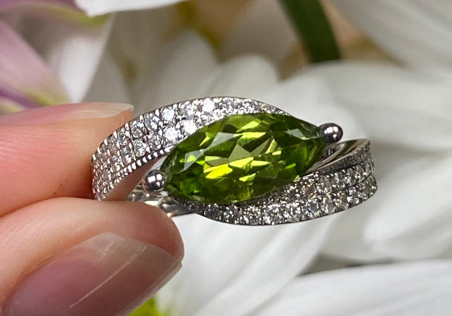 Marquise Peridot and Pave Diamond Ring